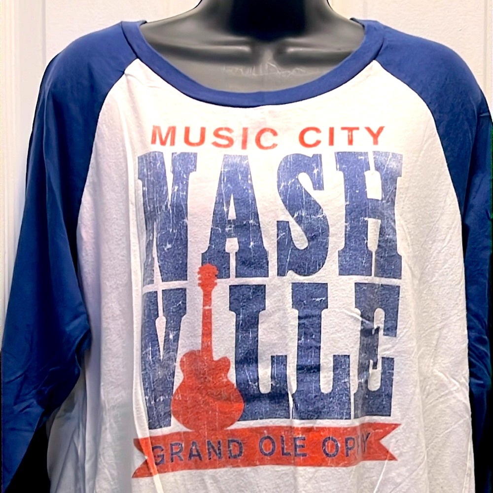 SPORTIQE 🎸 DISTRESSED WHITE/BLUE COTTON NASHVILLE BASEBALL TSHIRT Women XXL 2X - Picture 4 of 12